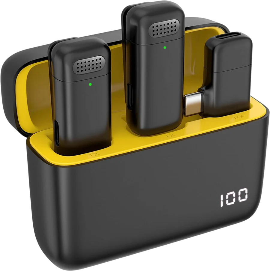 VOOK AirMic dual wireless microphone system with charging case showing full battery