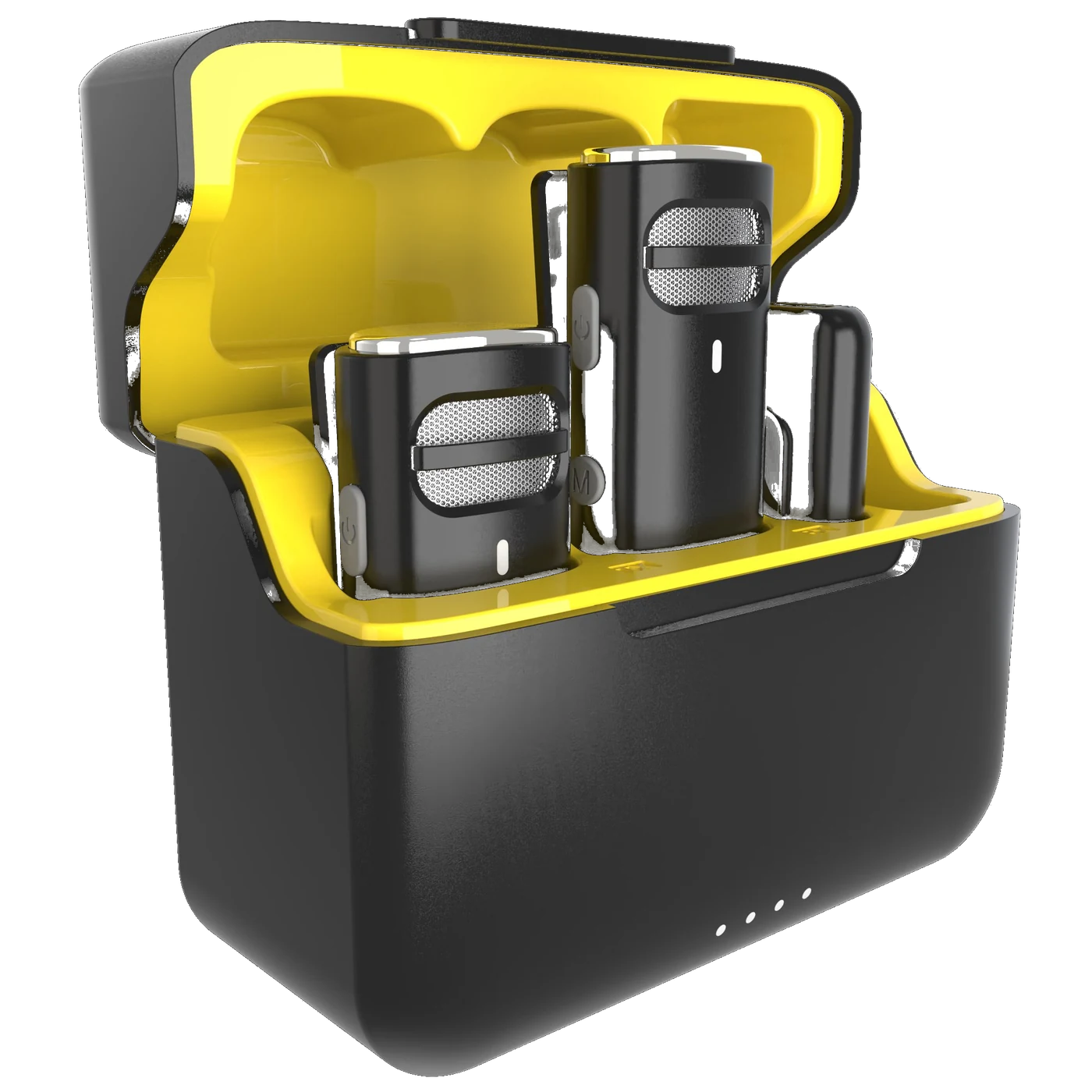VOOK ClipX wireless microphone — angled view of charging case with two mics and transmitter